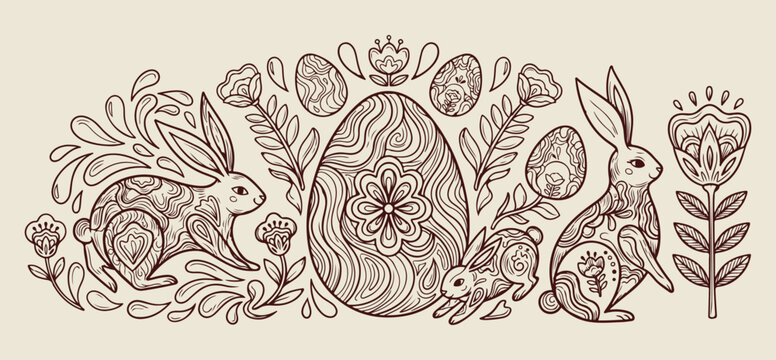 easter holiday nature doodles, festive spring egg sketches, minimalist nature bloom icons, clean easter celebration art, simple egg flower graphics, trendy easter doodle pack, premium vector holiday a