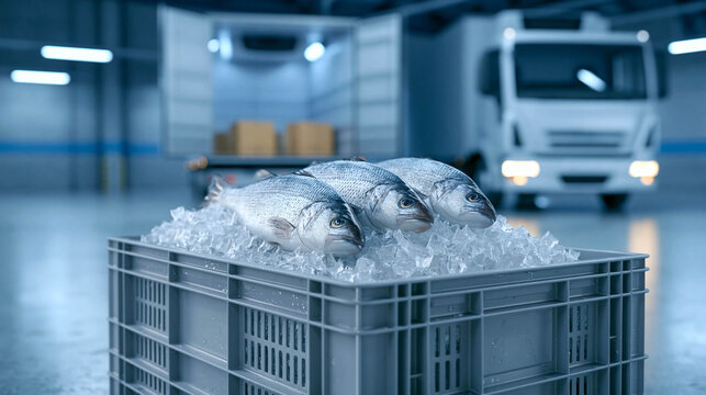 Fresh chilled fish is placed on a layer of ice in a plastic box inside a refrigerated warehouse, representing the concept of cold logistics, seafood, and the supply chain for chilled food products.