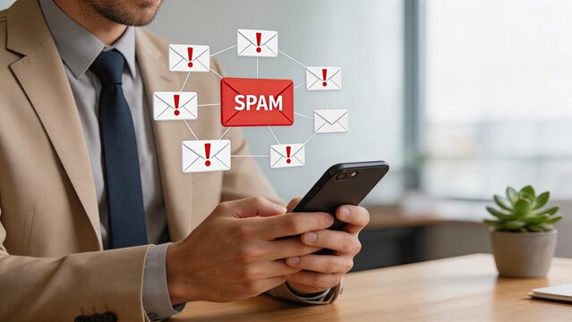 Businessman checking smartphone screen showing spam emails warning, cybersecurity threat, phishing attack protection, mobile security concept, unsolicited junk mail notification