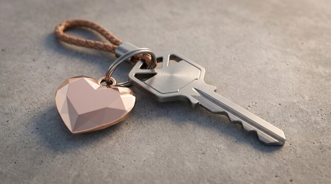 A silver house key with a rose gold faceted heart charm on a braided keychain, resting on a textured gray surface.