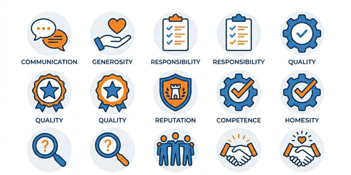 Core values flat icons set with communication teamwork honesty responsibility and quality dual color vector collection