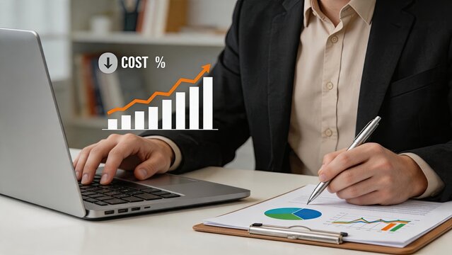 Business person working on laptop with rising bar graph showing cost percentage decrease and profit increase, financial optimization strategy, economic efficiency improvement,