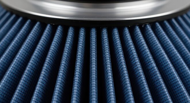 Macro Close-up of a Blue High Performance Car Engine Air Filter Intake System for Automotive Maintenance