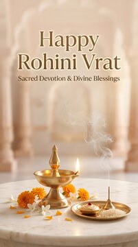 Happy rohini vrat sacred ritual with lamp flowers and incense