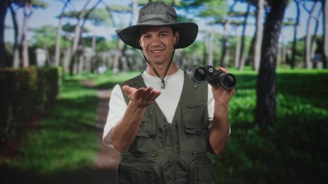 Man in explorer hat and vest holds binoculars and gestures with open palm in a forest path; curiosity discovery.