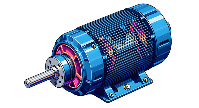 Industrial electric motor with blue metallic finish, high performance induction motor for manufacturing, powerful electric engine for industrial machinery