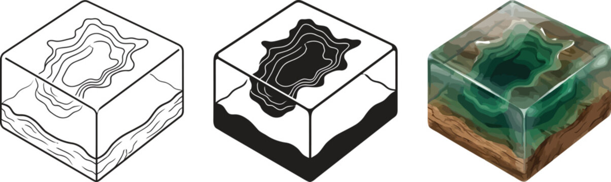 Isometric cross-section illustrating a lake or ocean with contour lines presented in outline solid and realistic styles for geographical dat