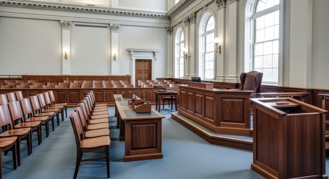 Empty courtroom interior with judge bench and witness stand. Classic wooden furniture in law hall. Legal system and justice administration concept for courthouse and trial proceedings.