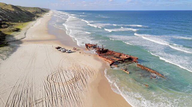 Rusting shipwreck on the sandy shores of Fraser Island filmed from above