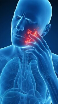A 3D medical illustration of a man's facial expression, showing severe itching, skin irritation, and inflammation on his cheeks.