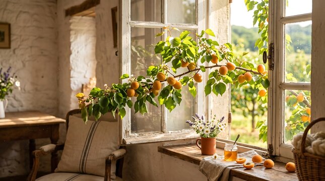 Apricot branch with fresh fruits growing through an open rustic window