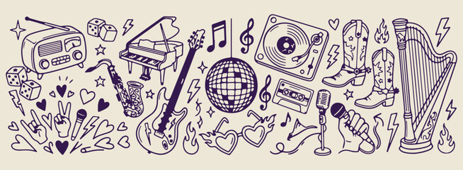 music party doodles, disco ball icons, artistic instrument sketches, minimalist sound elements, clean vinyl symbols, festive dance set, premium vector graphic  © Geetaroy