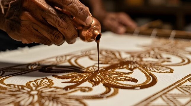 Applying henna on a design.