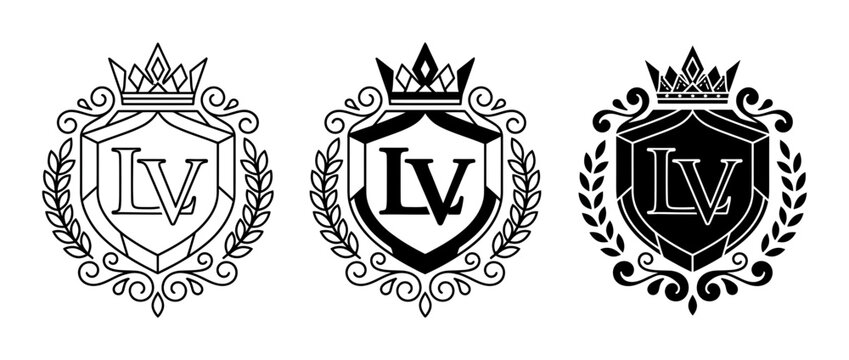 Luxury Monogram Crests, LV Initials, Royal Crown Emblems, Vintage Laurel Wreaths, Elegant Heraldry Design Elements