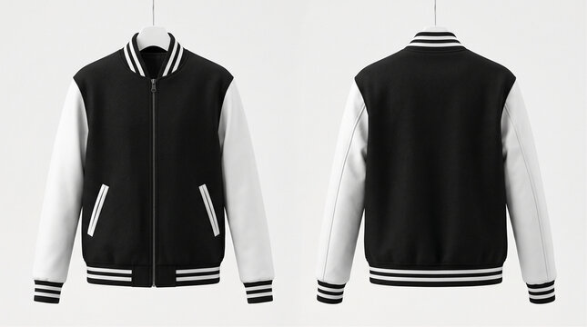 Varsity jacket in black wool with white sleeves is showcased as a high-quality apparel mockup featuring front and back views to allow for seamless placement of custom logos and artistic designs.