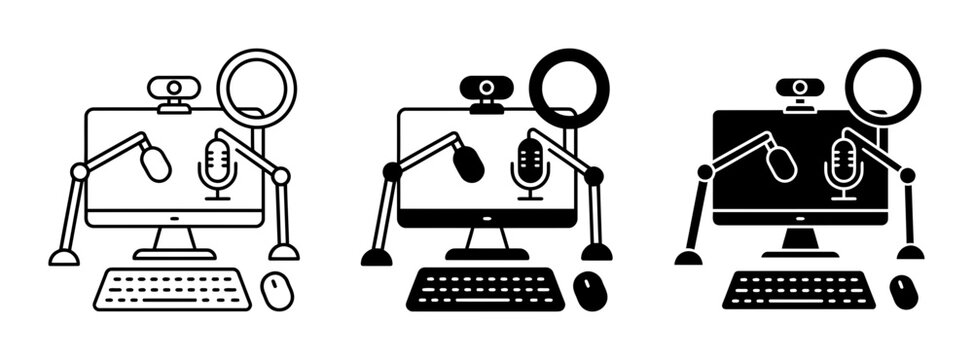 Podcasting Setup Icons: Computer, Microphone, Webcam, Ring Light, Keyboard, Mouse, Vector Graphics