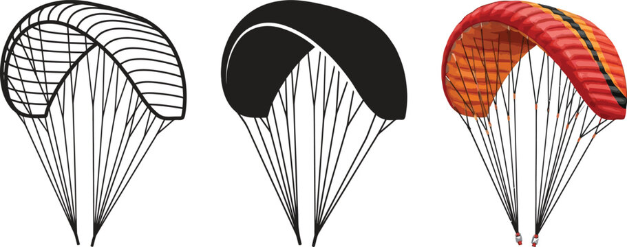 Three paraglider vector illustrations showcasing outline solid color and textured designs ideal for extreme sports and outdoor adventure con