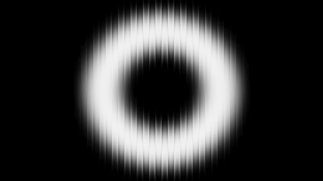 White glowing ring of vertical lines on black background seamless motion loop