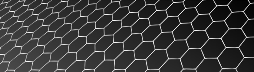 Carbon fiber mesh with geometric hexagons forms striking technical backdrop. Nano-structured grid displays metallic sheen and modern aesthetic for digital applications. © Narin