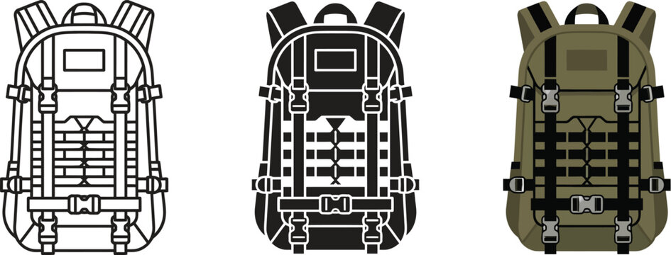 Tactical backpack vector illustration set including outline solid glyph and colored flat design variations for outdoor adventure and militar
