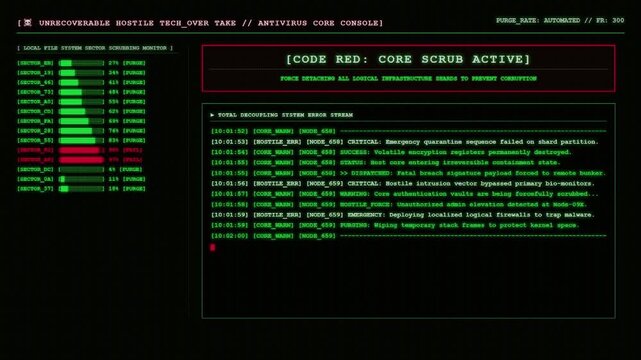 Global Security Breach Active Network Intrusion Monitor Terminal Screen Displaying Global Hackdown Detected Warning Banner and Compliance Failure Stream Logs.