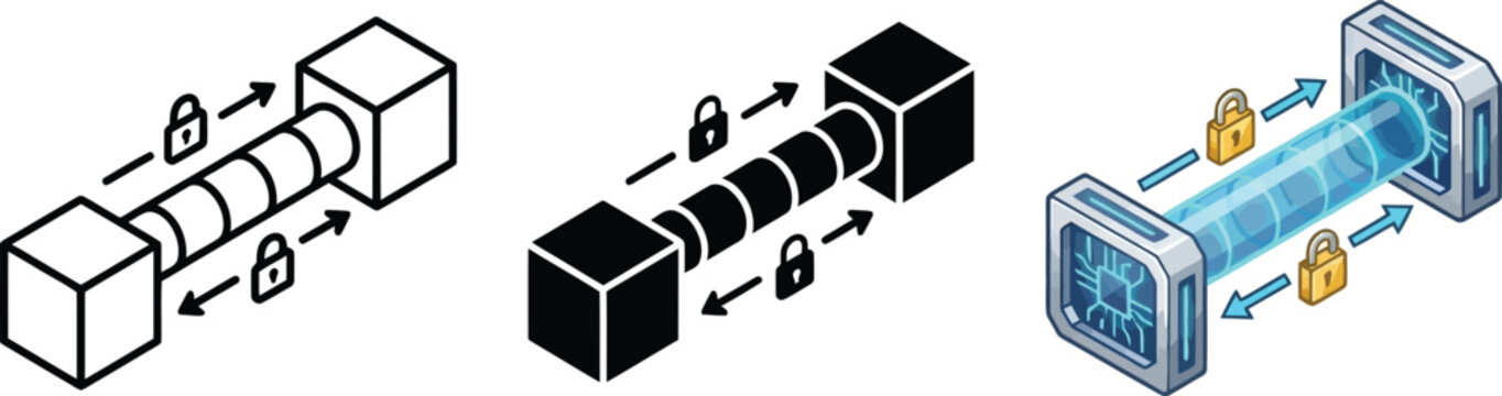 Secure data transmission tunnel an isometric vector illustration set depicting encrypted network connection and cybersecurity