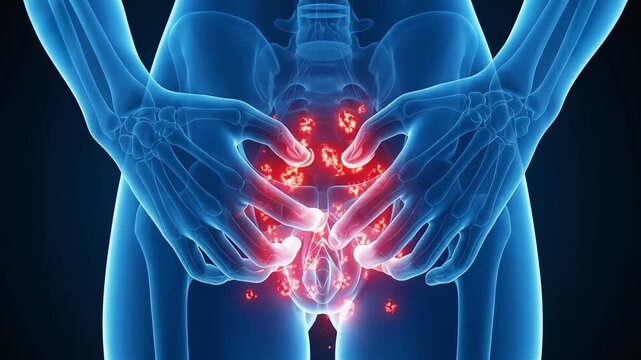 Medical 3D illustration of a woman suffering from uncomfortable itching in her delicate area and groin.
