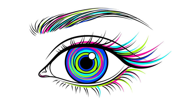 Vibrant Psychedelic Eye with Colorful Lashes and Eyebrow