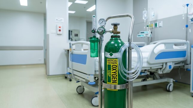 Medical oxygen cylinder tank on wheeled cart in hospital ward with empty beds
