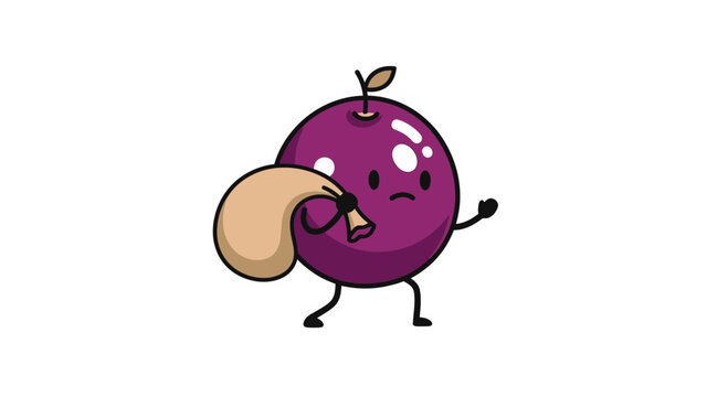 Cute cartoon plum character with a sack, funny fruit thief illustration
