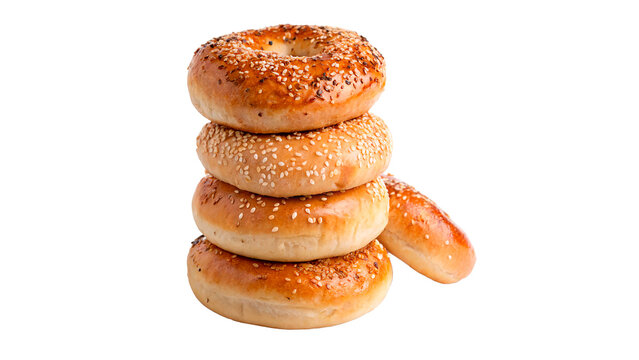 A delicious stack of fresh golden brown bagels traditional bakery bread food isolated on transparent background