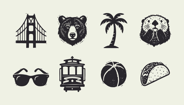 Vintage California and San Francisco travel icon set with bridge bear and cable car
