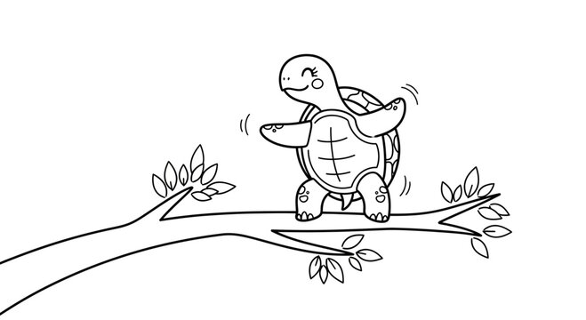 Cute cartoon turtle dancing on a tree branch, line art, black and white, whimsical illustration