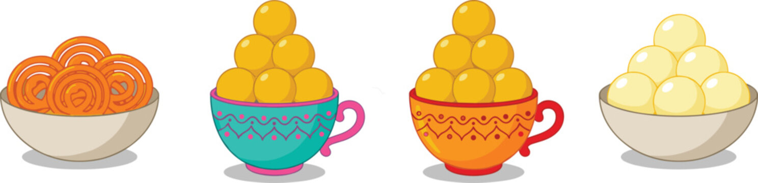 Traditional Indian Sweet Dessert Collection with Jalebi, Ladoo, and Rasgulla in Bowls and Cups for Festival, Menu, and Cuisine Designs