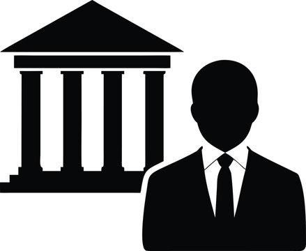 Lawyer and courthouse icon black silhouette on white background
