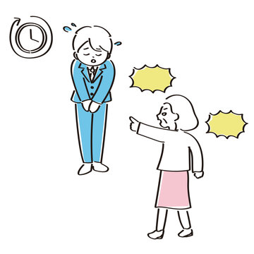 長時間スタッフにクレームを言い続ける女性｜カスハラのイラスト