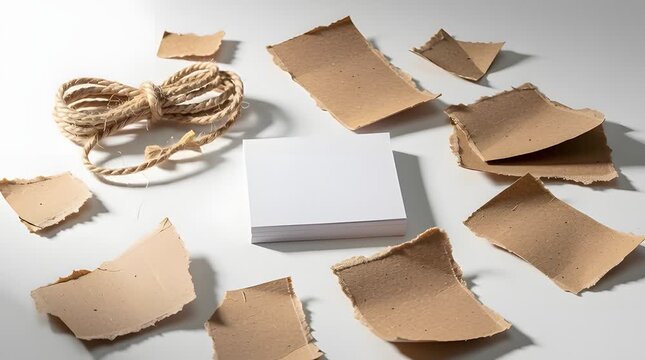 Brown paper scraps and string on table.