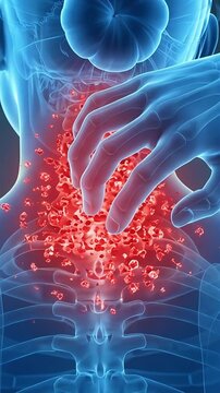 A 3D medical video depicting severe itching and inflammation on the back of the neck and nape.