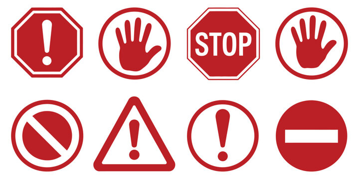 Set of Stop Street Including Red Stop Signs, Hand Stop Symbols, Text Based Road Signs, Traffic Safety Symbols, and Urban Navigation Elements for Modern Road Regulation and 