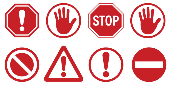 Set of Stop Street Icons Vector Collection Including Red Stop Signs, Hand Stop Symbols, Text Based Road Signs, Traffic Safety Indicators, and Urban Design Elements for Transportation Systems.