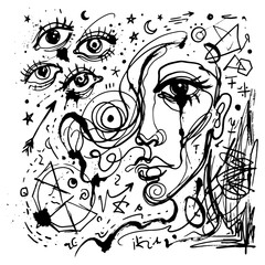 Obraz premium “Surreal Abstract Ink Line Art Poster with Distorted Faces and Cosmic Doodles for Contemporary Monochrome Wall Art”