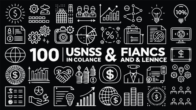Collection of business finance and analytics icons in white line art on a black background