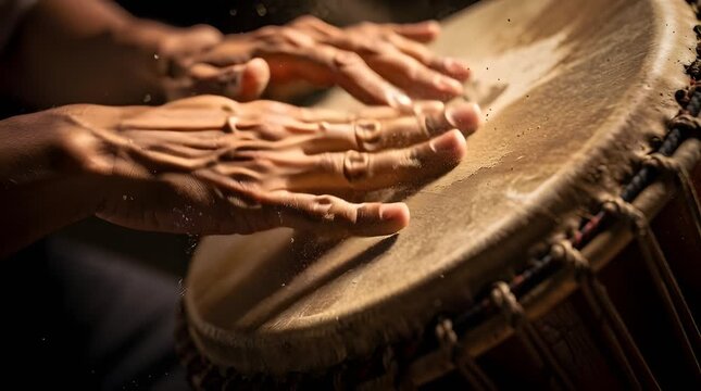 Hands playing a large brown drum.