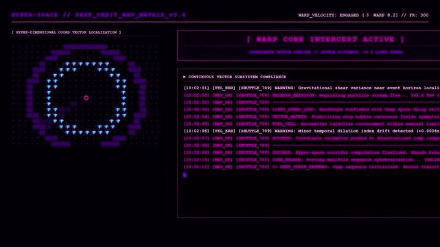 Hyper Space Deep Orbit Nav Matrix Screen Displaying Warp Core Intercept Active Telemetry And Continuous Vector Subsystem Compliance Log Stream.