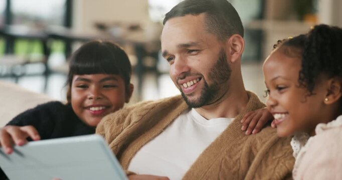 Father, children and happy with tablet on sofa for streaming, funny movie or laugh in living room. People, dad and child with tech for film subscription, relax or application at family house