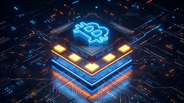 Luminous neon bitcoin symbol resting on a modern computer processor chip with glowing golden circuitry and dark blue tech background illustrating digital currency mining and blockchain