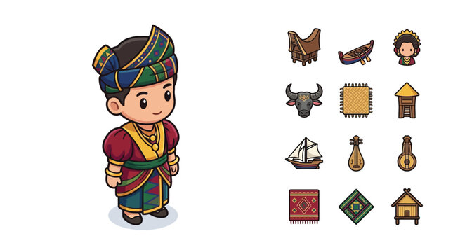 Chibi boy in traditional South Sulawesi Indonesian clothing with icons of Tongkonan house, Pinisi ship, water buffalo, Kecapi instrument, and ethnic textiles on white background.