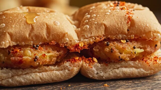 Close-up of spicy vada pav indian burger on a rustic wooden table with warm golden lighting.