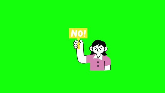 2D animated cartoon girl holding up a yellow sign that says NO in white text, wearing a pink shirt with a white collar, angry facial expression, isolated on a solid green screen background.
