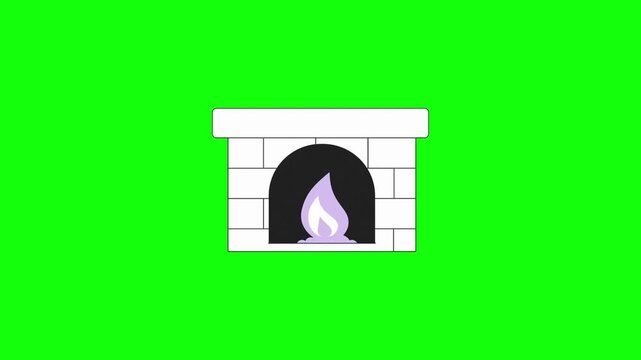 2D animated white brick fireplace with a stylized flickering purple and white flame inside, flat vector art style, isolated on a solid green screen background.
